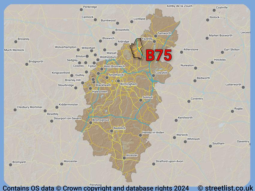 Where the B75 postcode district lies within the wider  postcode area