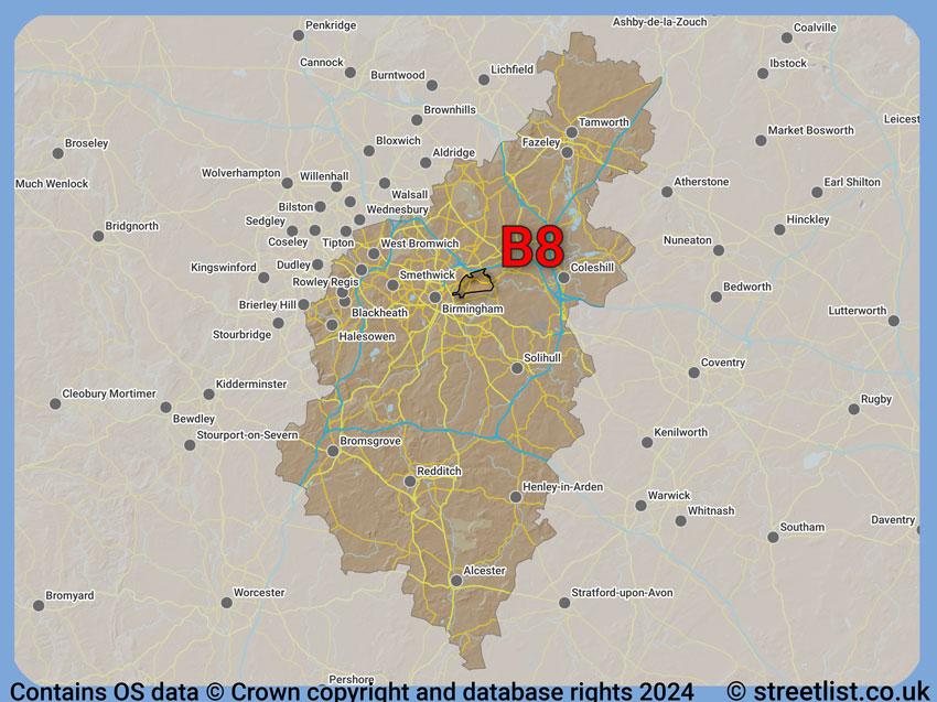 Where the B8 postcode district lies within the wider  postcode area