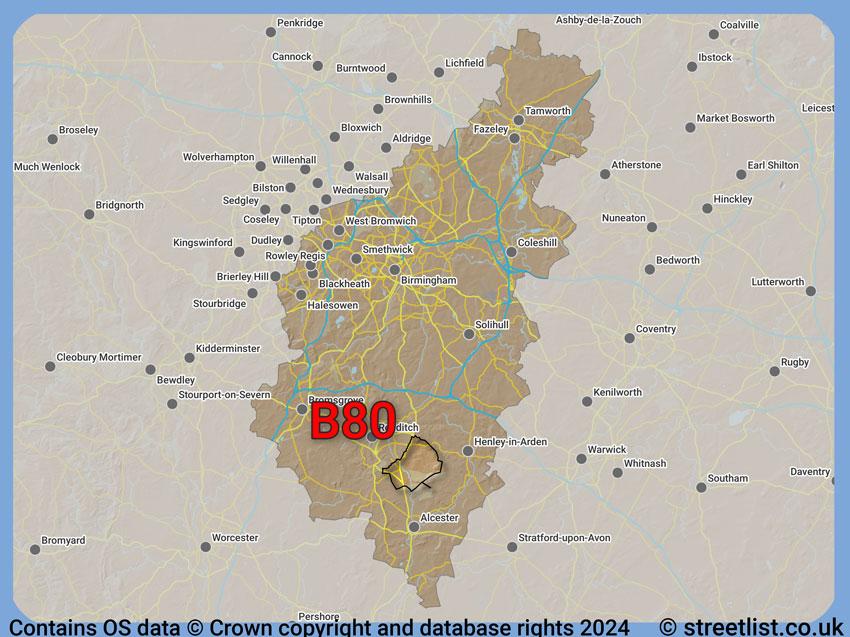 Where the B80 postcode district lies within the wider  postcode area