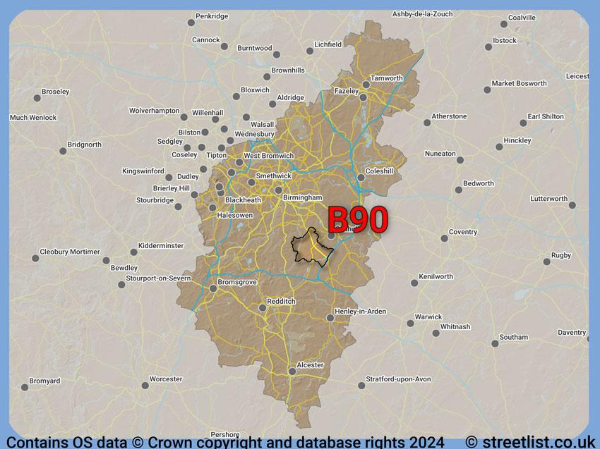 Where the B90 postcode district lies within the wider  postcode area