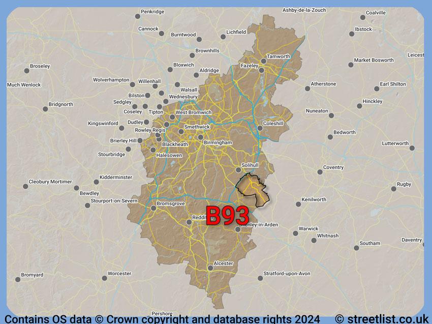 Where the B93 postcode district lies within the wider  postcode area