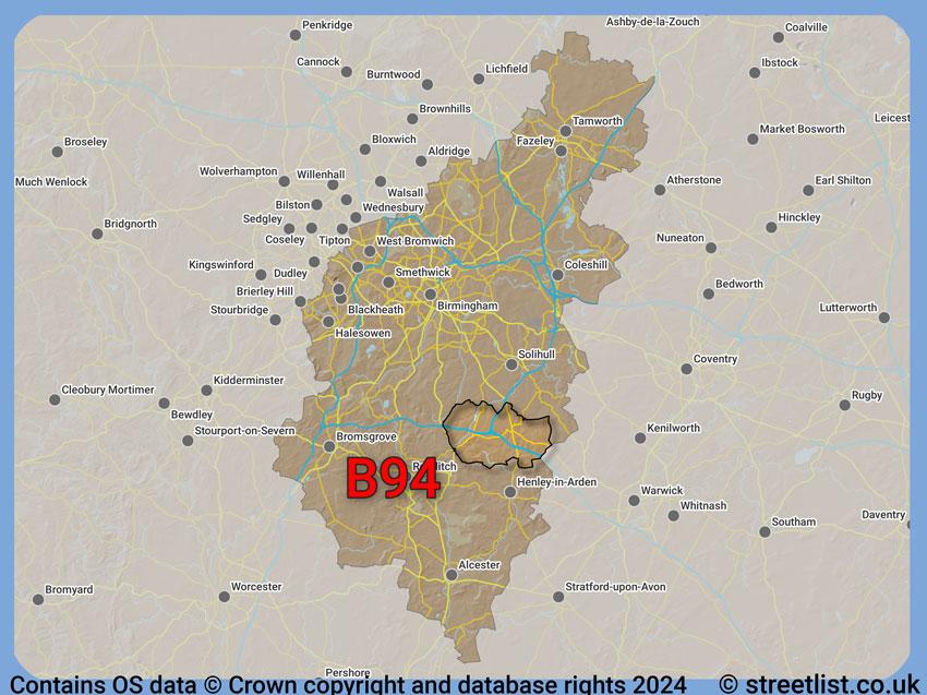 Where the B94 postcode district lies within the wider  postcode area