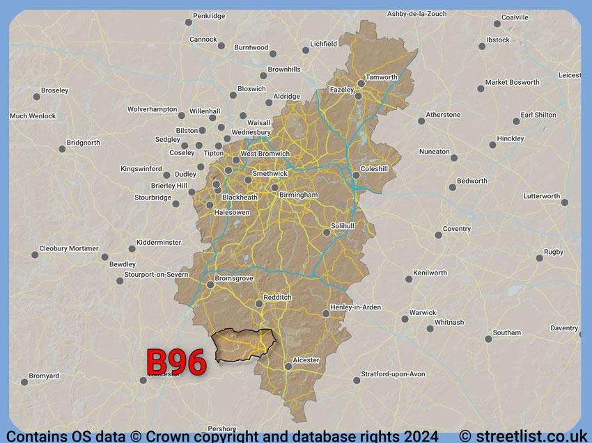 Where the B96 postcode district lies within the wider  postcode area