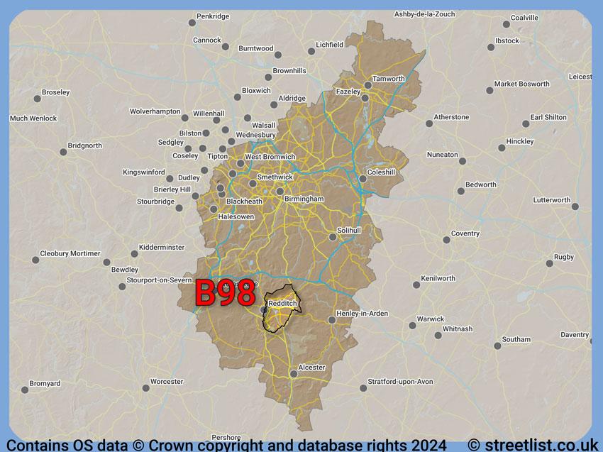 Where the B98 postcode district lies within the wider  postcode area