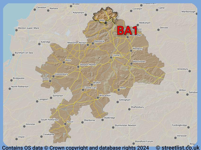 Where the BA1 postcode district lies within the wider  postcode area