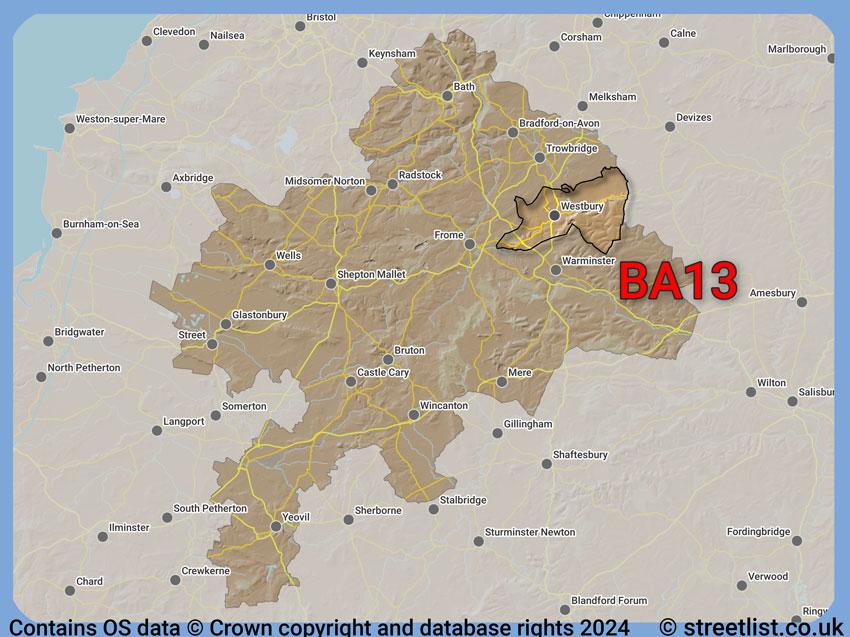 Where the BA13 postcode district lies within the wider  postcode area