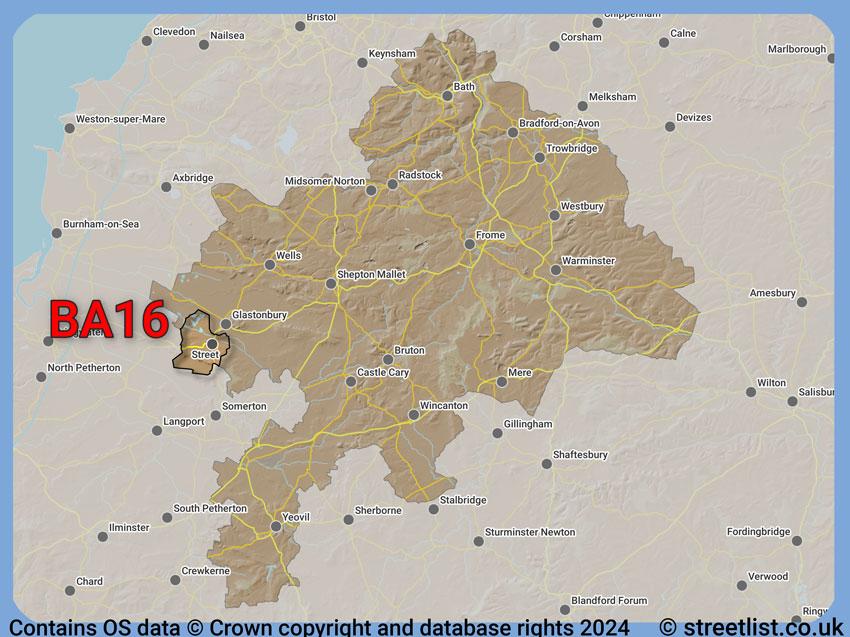 Where the BA16 postcode district lies within the wider  postcode area