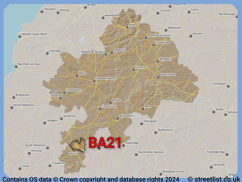 Where the BA21 postcode district lies within the wider  postcode area