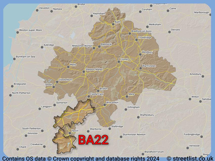 Where the BA22 postcode district lies within the wider  postcode area