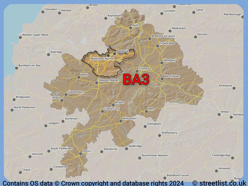 Where the BA3 postcode district lies within the wider  postcode area