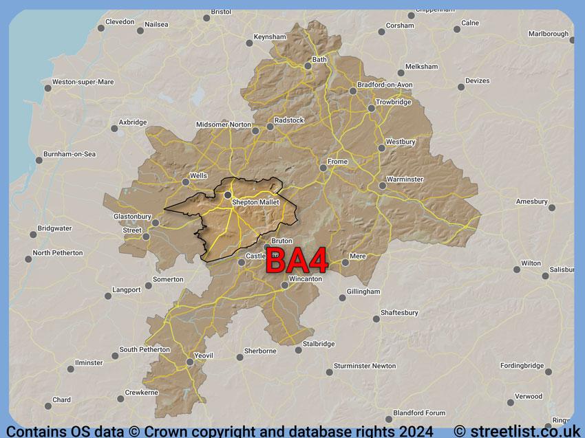 Where the BA4 postcode district lies within the wider  postcode area