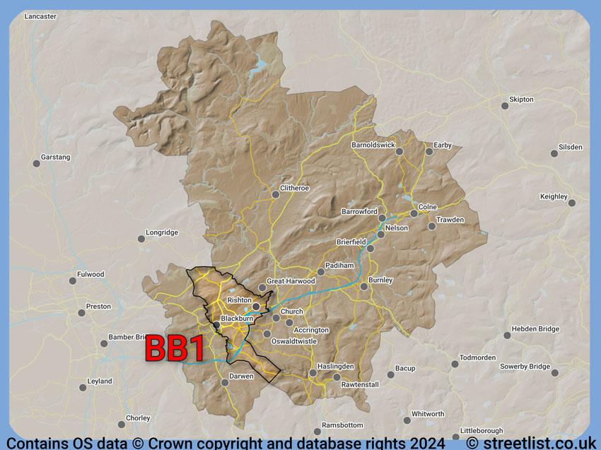 Where the BB1 postcode district lies within the wider  postcode area