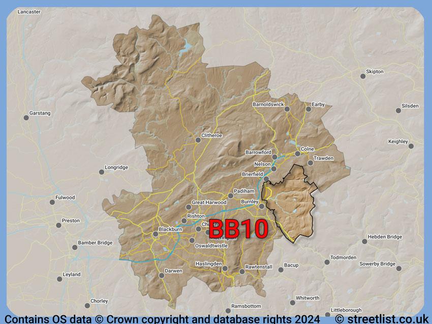 Where the BB10 postcode district lies within the wider  postcode area