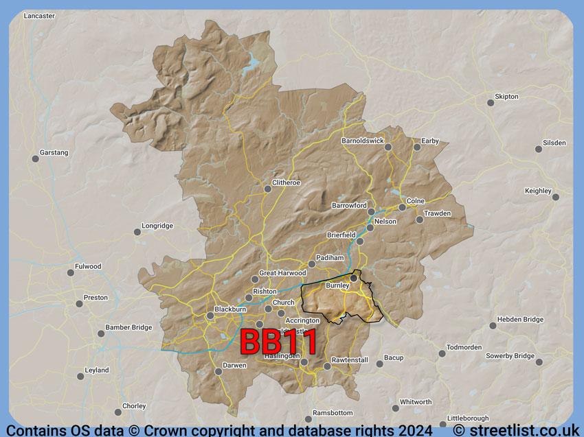 Where the BB11 postcode district lies within the wider  postcode area