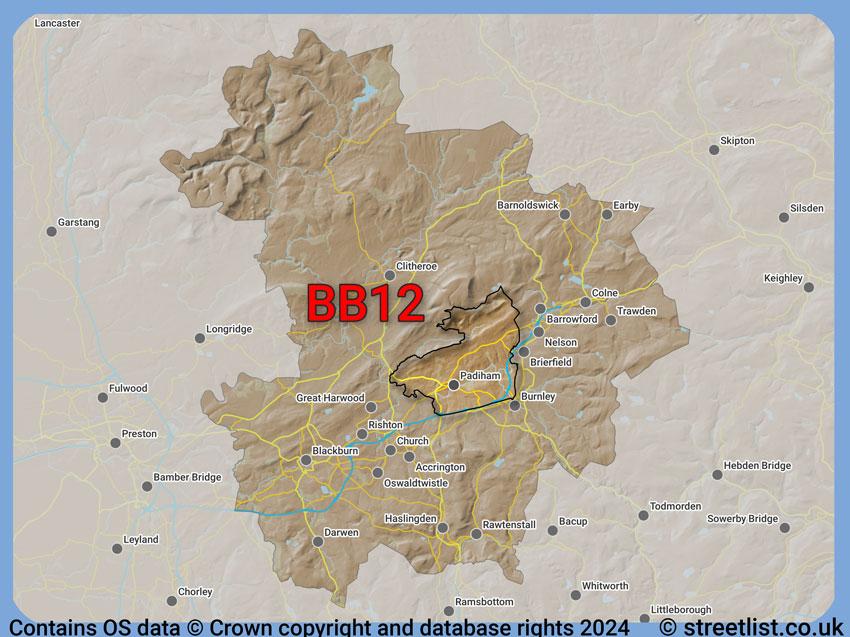 Where the BB12 postcode district lies within the wider  postcode area