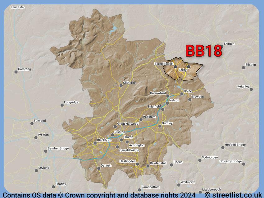 Where the BB18 postcode district lies within the wider  postcode area