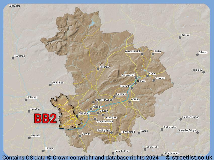 Where the BB2 postcode district lies within the wider  postcode area