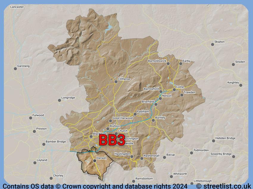 Where the BB3 postcode district lies within the wider  postcode area