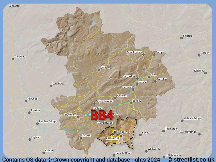 Where the BB4 postcode district lies within the wider  postcode area