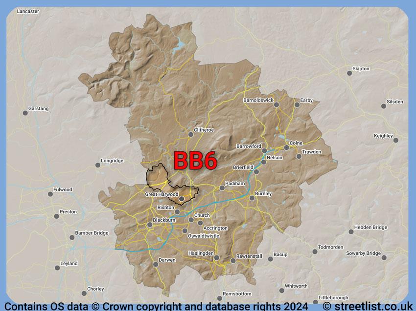 Where the BB6 postcode district lies within the wider  postcode area