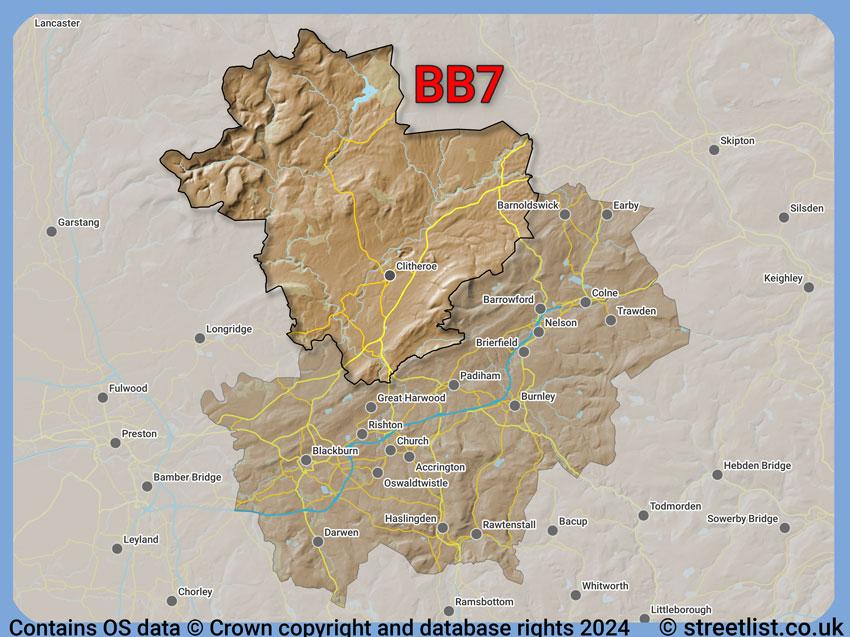 Where the BB7 postcode district lies within the wider  postcode area