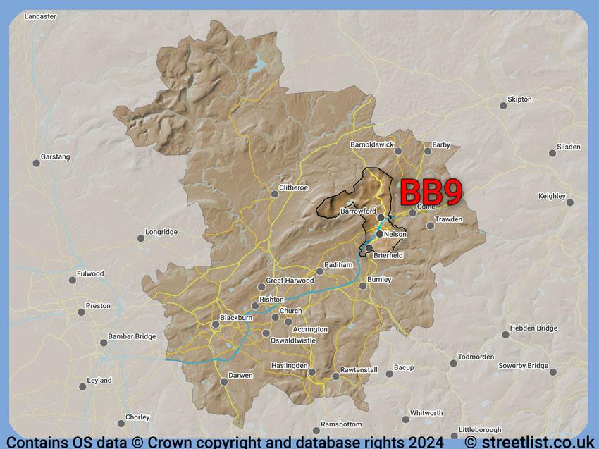 Where the BB9 postcode district lies within the wider  postcode area