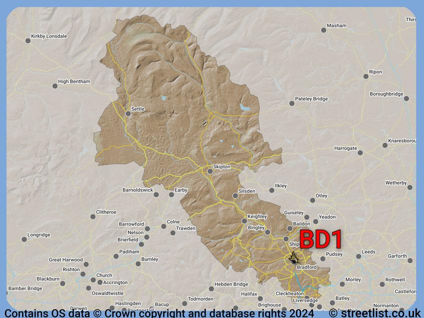 Where the BD1 postcode district lies within the wider  postcode area