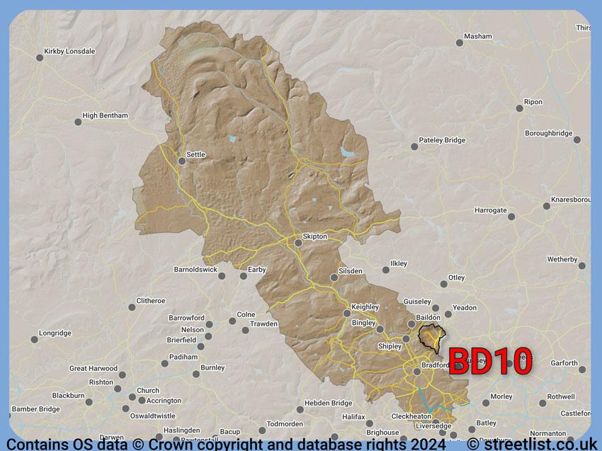 Where the BD10 postcode district lies within the wider  postcode area