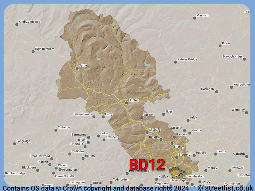 Where the BD12 postcode district lies within the wider  postcode area