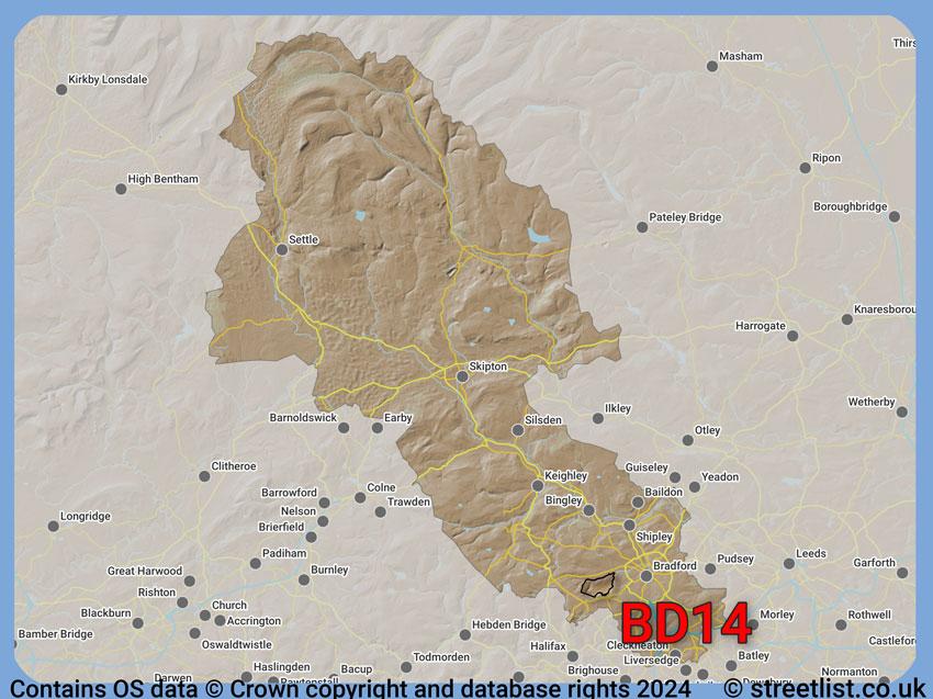 Where the BD14 postcode district lies within the wider  postcode area