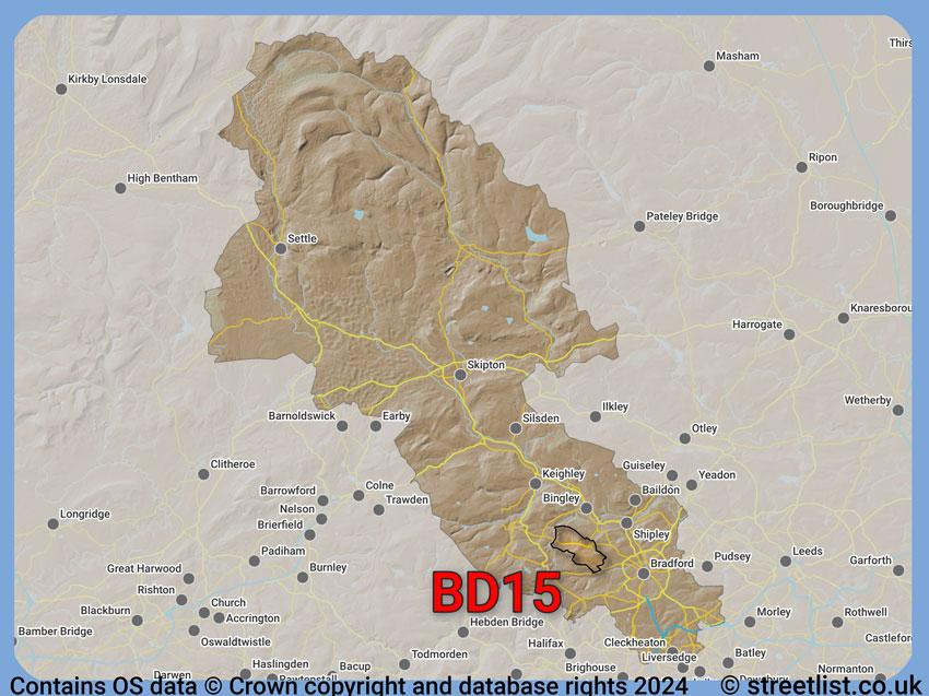 Where the BD15 postcode district lies within the wider  postcode area