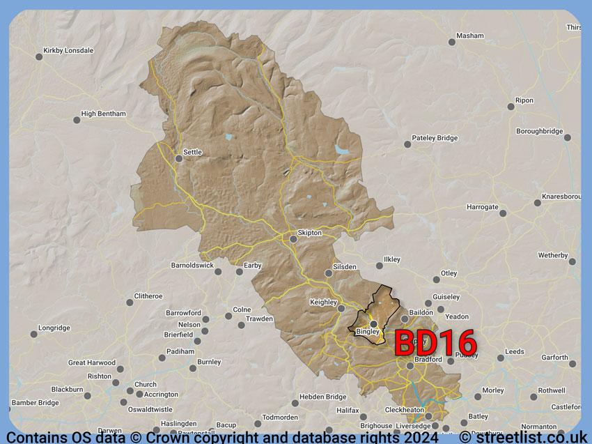 Where the BD16 postcode district lies within the wider  postcode area