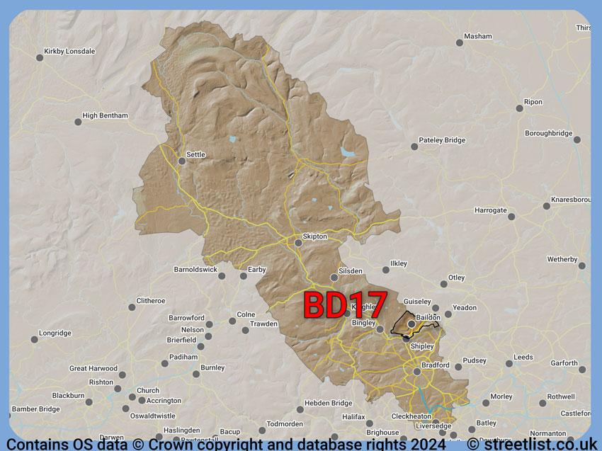 Where the BD17 postcode district lies within the wider  postcode area