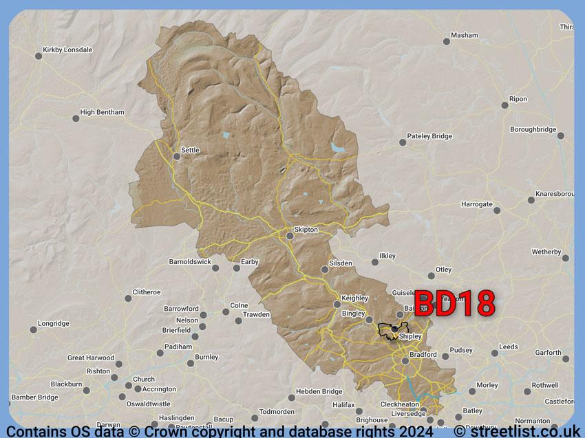 Where the BD18 postcode district lies within the wider  postcode area