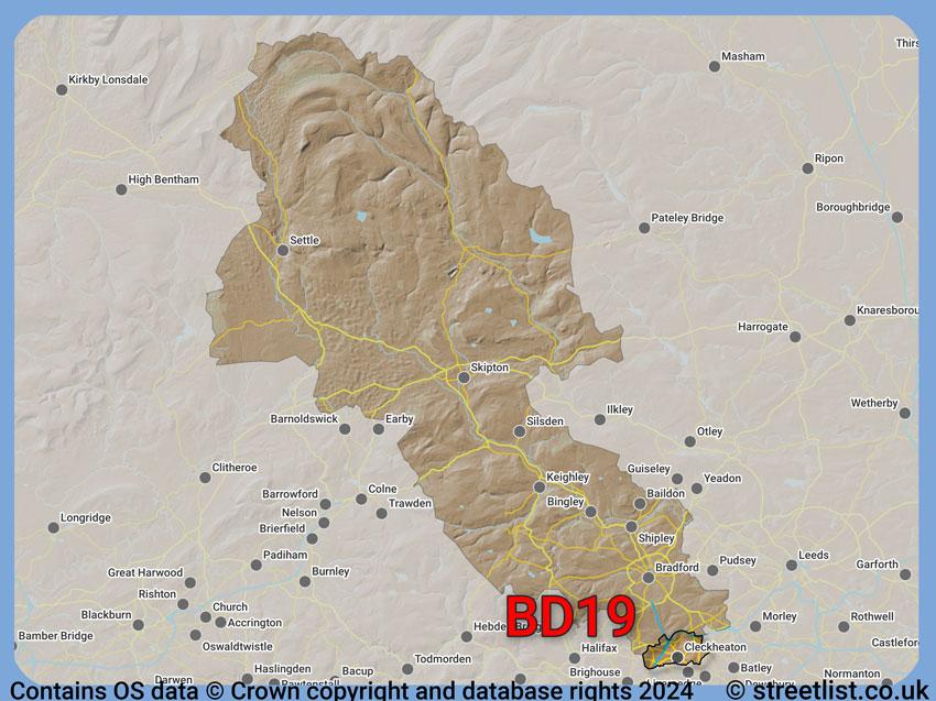 Where the BD19 postcode district lies within the wider  postcode area