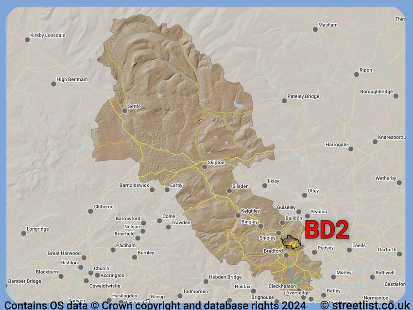 Where the BD2 postcode district lies within the wider  postcode area