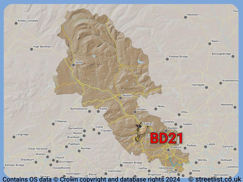 Where the BD21 postcode district lies within the wider  postcode area