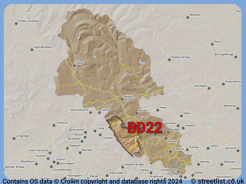 Where the BD22 postcode district lies within the wider  postcode area