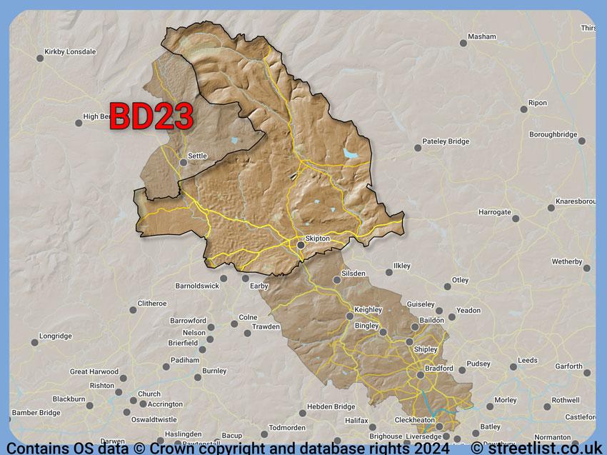 Where the BD23 postcode district lies within the wider  postcode area