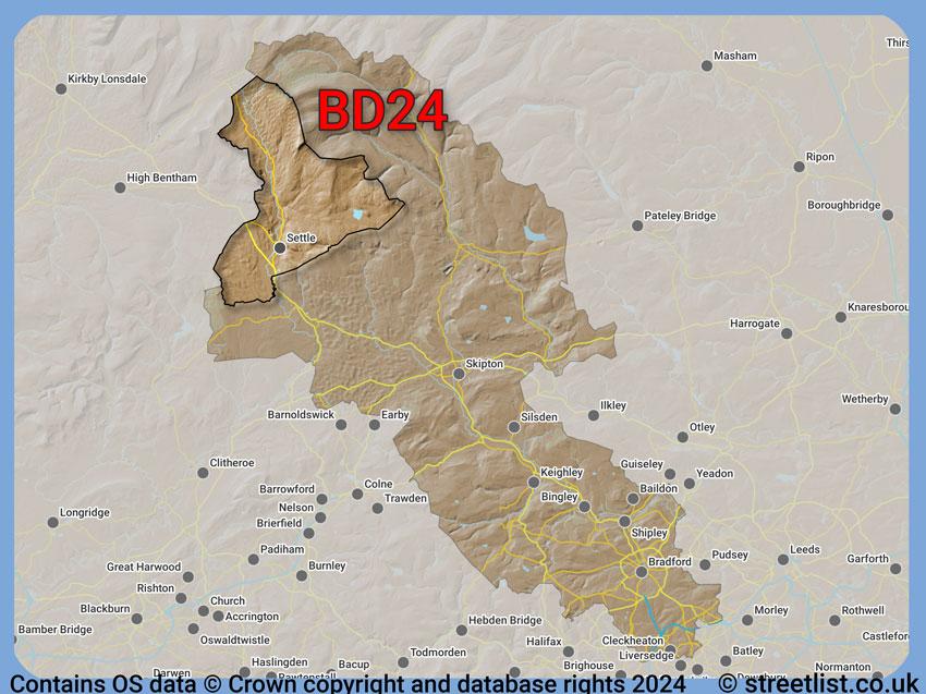 Where the BD24 postcode district lies within the wider  postcode area