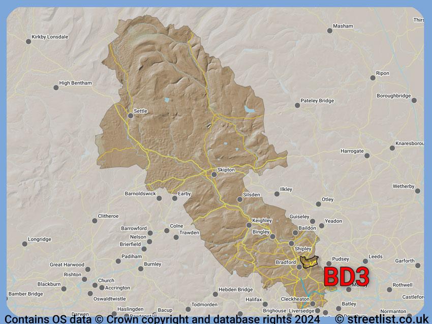 Where the BD3 postcode district lies within the wider  postcode area