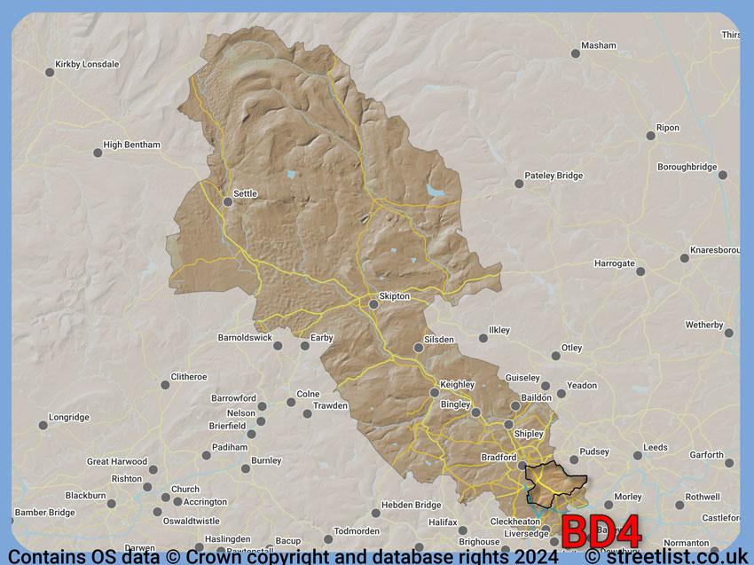 Where the BD4 postcode district lies within the wider  postcode area