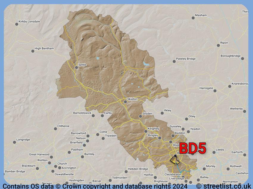 Where the BD5 postcode district lies within the wider  postcode area