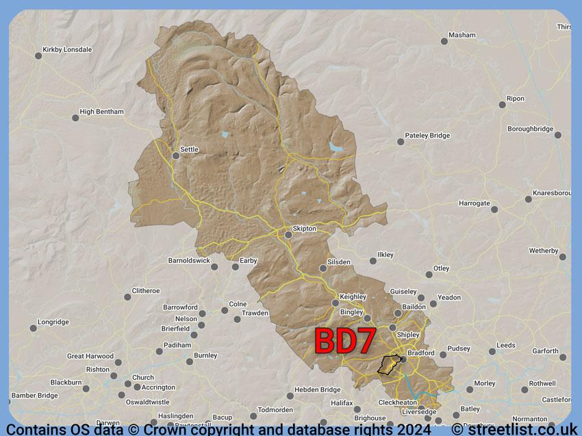 Where the BD7 postcode district lies within the wider  postcode area