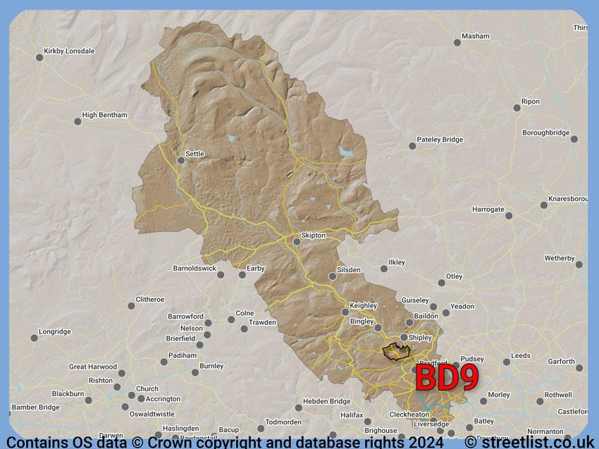 Where the BD9 postcode district lies within the wider  postcode area