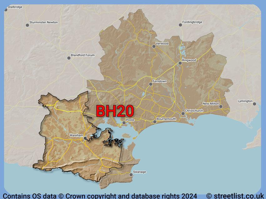 Where the BH20 postcode district lies within the wider  postcode area