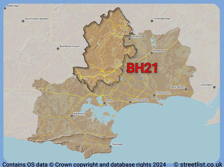 Where the BH21 postcode district lies within the wider  postcode area