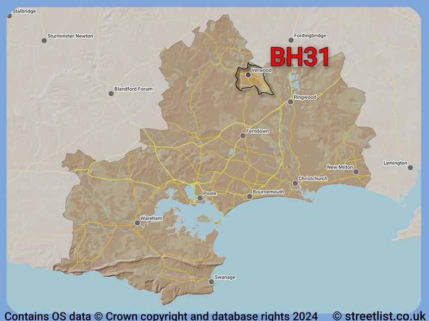 Where the BH31 postcode district lies within the wider  postcode area