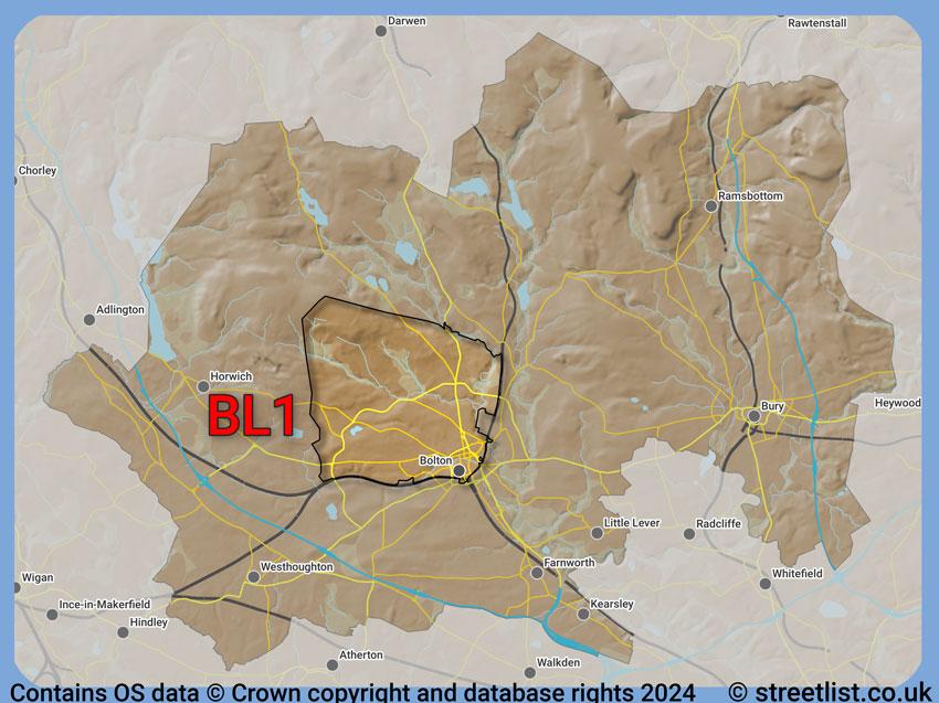 Where the BL1 postcode district lies within the wider  postcode area