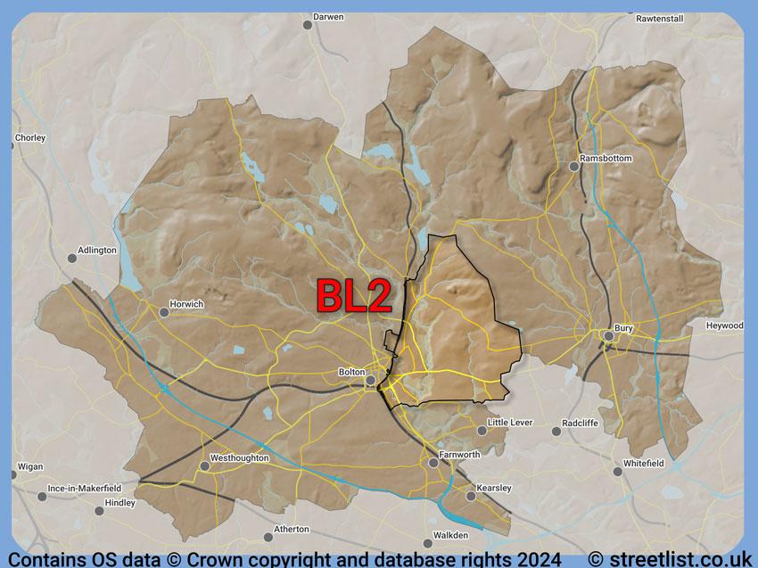 Where the BL2 postcode district lies within the wider  postcode area